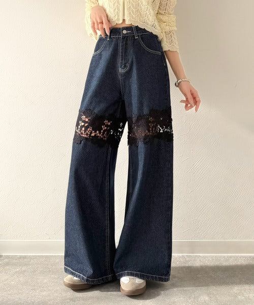 【mily bilet】特別な個性を持つオンリーワンの仕上がり！花柄レースワイドデニムパンツ mi1139076