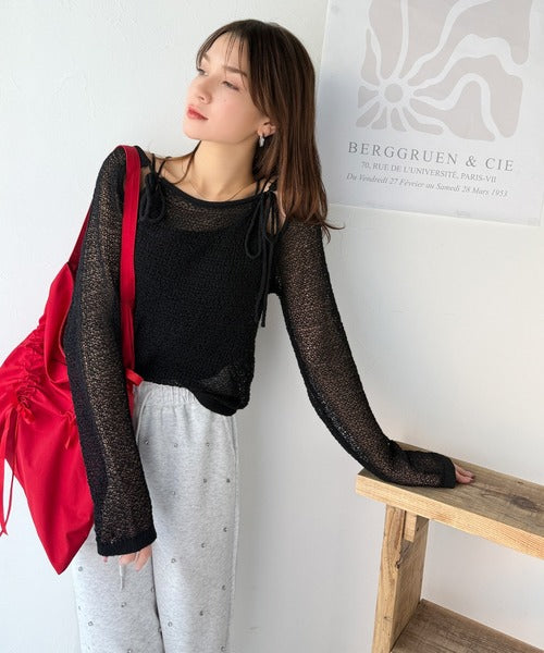 【mily bilet】大人かわいい肌見せを叶える。プレートデザイン前後2WAYメッシュ編み肩リボンニットプルオーバー（長袖） mi1259014