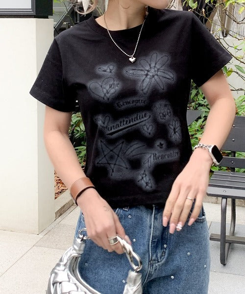 【mily bilet】大人可愛い最旬プリント柄。スプレーライクプリントコンパクトTシャツ（半袖） mi1329024