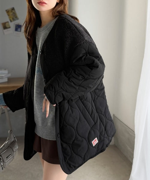 《JaVaジャバコラボ》軽くて暖かい、旬顔ボア切替♪ノーカラーひょうたんキルティングコート jv1240103