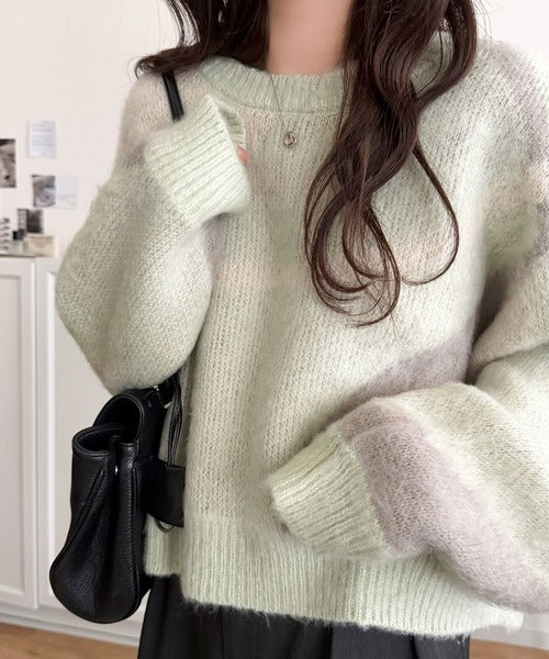 【mily bilet】きゅんモテニット♪柔らかな配色を、ふんわり軽やかに。ニュアンス柄短丈ニットプルオーバー mi1029208