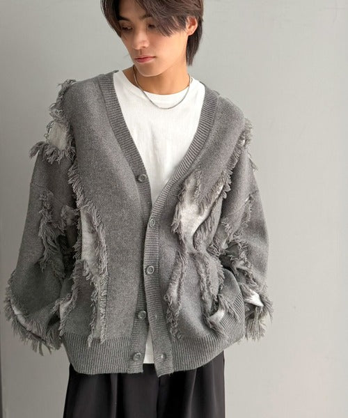《JaVaジャバコラボ》配色×フリンジ、圧倒的存在感。配色フリンジVネックニットカーディガン jm1260632