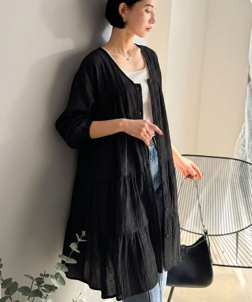 【Classical Evon】華やかさと体型カバーを両立する、着回し抜群な1枚。前後2wayパナマ風ティアードチュニック（長袖） ev1010591