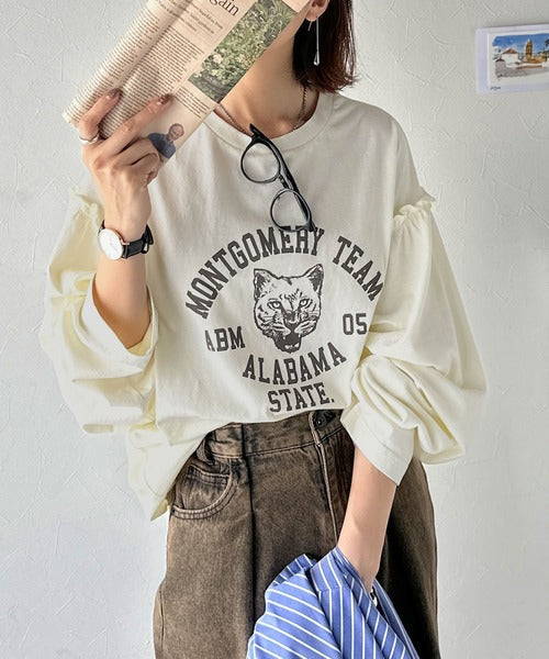 レディなヴィンテージスタイル。綿100％カレッジピグメント袖フリルTシャツ ce1020221