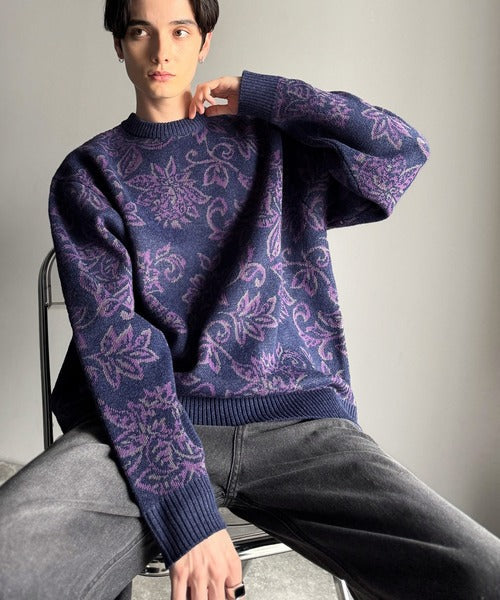 【classical origin】視線を奪う、ジャガード花柄ニット／Jacquard Floral Knit Sweater ao1020311