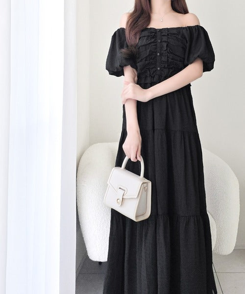 【mily bilet】甘さの中に、ほんのり大人っぽさを♪オフショル2wayギャザードッキングロングワンピース mi1019138