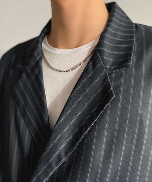 【Classical Origin】「さっと羽織れる。」ストライプ柄ドレープテーラードシャツジャケット／Relaxed Draped Tailored Stripes Shirt Jacket co1150041