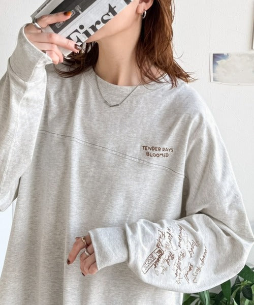 《JaVaジャバコラボ》袖を通せば、あなたも輝く。コットン100％刺繍胸元切り替えドルマンロンTEE（長袖） jv1260620