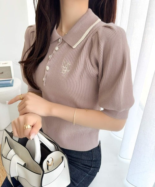 【mily bilet】配色×くすみカラーで魅せる、ずるい清楚さ。配色ラインポロニット (半袖) mi1359044
