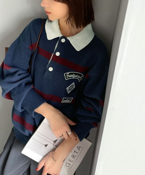 《JaVaジャバコラボ》魅せる、トラッド感。ワッペンデザインラガーポロニット（長袖） jv1029131