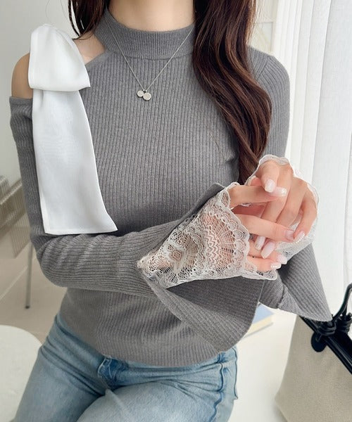 【mily bilet】大人フェミニンの主役トップス。肩シフォンリボン袖レース使いリブニット mi1029170