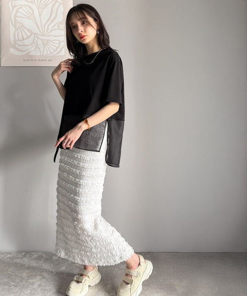 春夏に涼しさ引き立てる透け感が◎裾シアー切り替えライトダンボール半袖Tシャツ ce1110116
