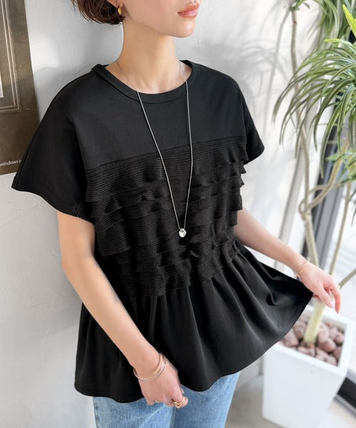 甘さを仕込む、大人の余裕。綿100％シルケット加工×シアーフリル切替オーバーサイズペプラムTシャツ（半袖） ce1410008