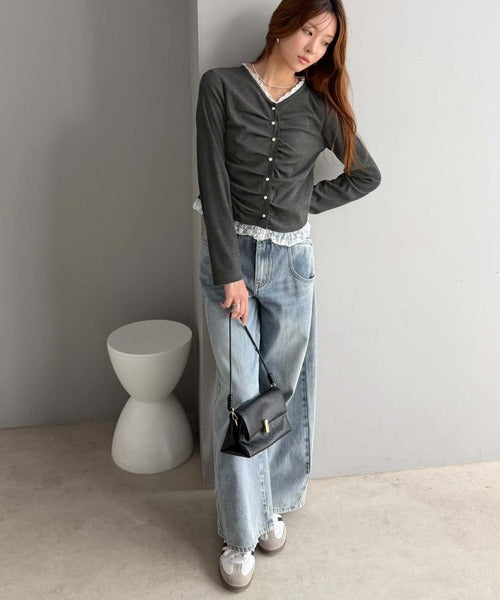 【mily bilet】レース×ギャザー×パールボタンで甘さをぎゅっと。テレコレース前立てトップス（長袖） mi1359077