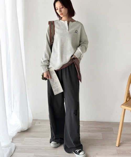 洒落感アップのこなれT。胸刺繍ワッフルオーバーサイズキーネックロンT（長袖） ce1260496