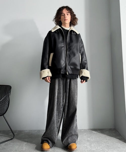 【Classical Origin】「ずっしりかっこいい。」2way襟ボア切り替えフェイクレザージャケット／2way Boa Collar Faux Leather Jacket co1150081