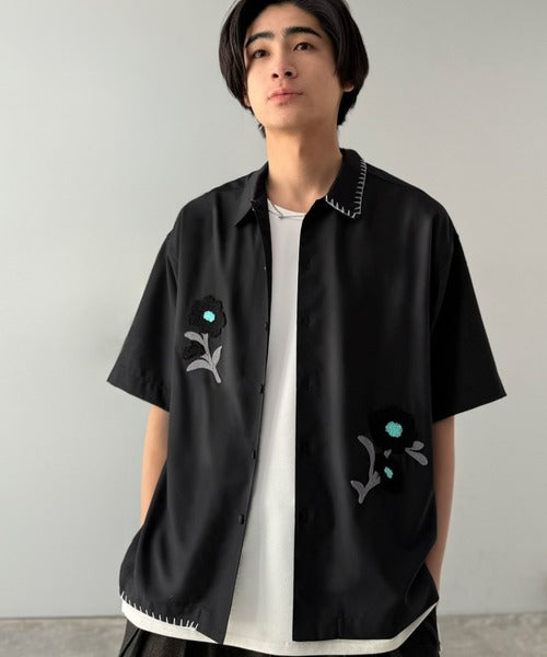 【接触冷感機能付き】サガラ刺繍フラワーステッチシャツ／Cool-Touch Fabric Sagara Embroidered Flower Stitch Shirt (半袖) co1320019