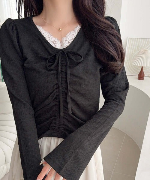 【mily bilet】レース×シャーリングで、甘さをひとさじ。レースドッキングパフスリーブジャガードトップス（長袖） mi1359080
