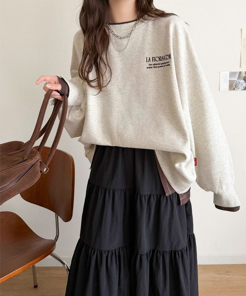 《JaVaジャバコラボ》着るだけでレイヤード上級者！配色刺繍レイヤード風オーバーサイズ裏起毛プルオーバー jv1050390