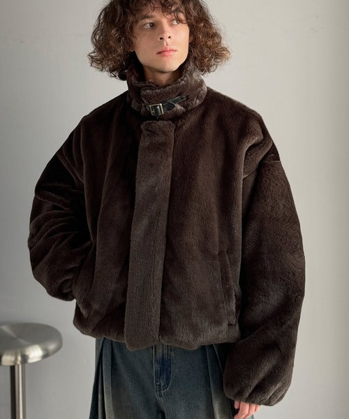 【Classical Origin】「3wayアレンジ可能。」ベルト襟フェイクファー素材ジャケット／Belted Collar Faux Fur Jacket co1150080
