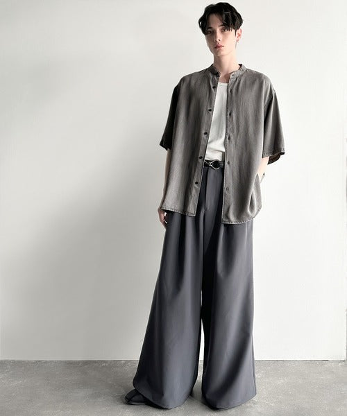 Rayon Denim Band Collar Relaxed Shirt／ヴィンテージ加工ルーズフィットデニムシャツ co1150011