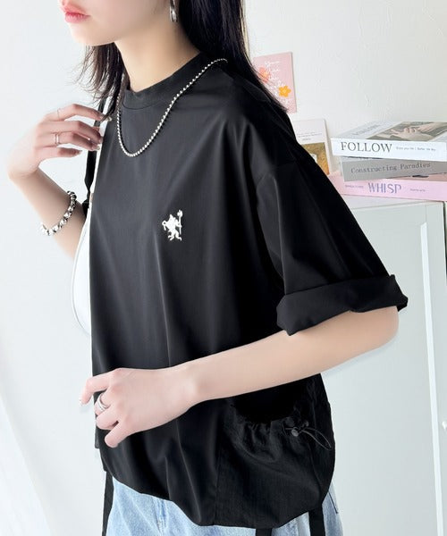 ゆるっとシルエットカジュアル。カーゴポケット＆リボン付きワンポイント胸刺繍ドロスト半袖トップス ce1260315
