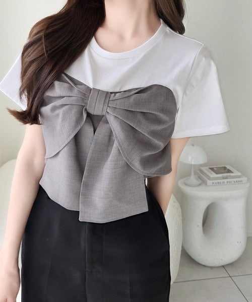 【mily bilet】一枚でサマになる。 フロントリボン布帛コンビ半袖Tシャツ mi1269018