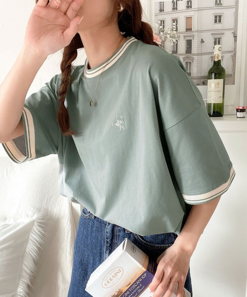 《JaVa ジャバコラボ》大人スポーティー。綿100%シルケット 配色刺繍Tシャツ jv1050074