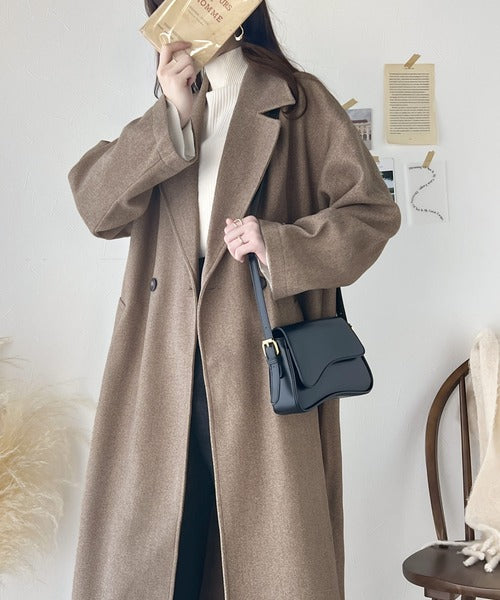 レトロシルエット。ダブルテーラードロングコート clf008