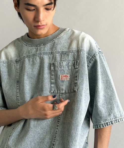 《JaVaジャバコラボ》綿100％ヴィンテージ加工アウターデニムTシャツ jo1010007