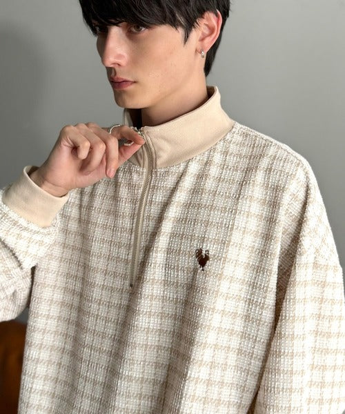 【Classical Origin】「上品カジュアル」。裾ドロスト付きツイード素材ハーフジッププルオーバー（長袖）/Tweed Fabric Drawcord Half-Zip Pullover co1010032