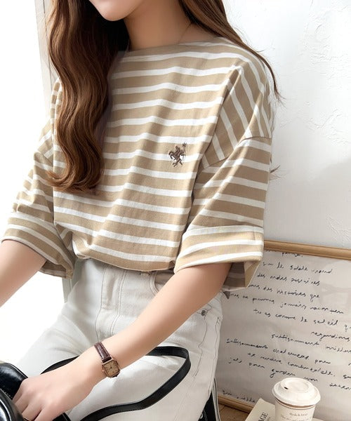 【sustaina+】ラフにキマる大人スタイル。オーガニックコットン100%オーバーサイズパネルボーダーTシャツ(半袖) ce1260324