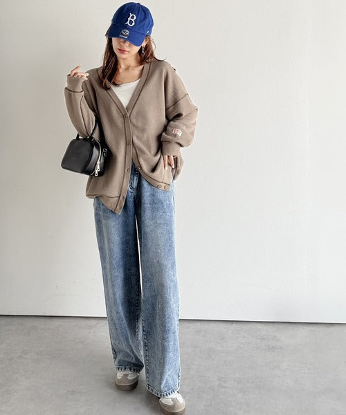 《JaVaジャバコラボ》ラフで上品な大人のゆるカジュアル。配色ステッチVネックワッフルカーディガン（長袖） jv1260505