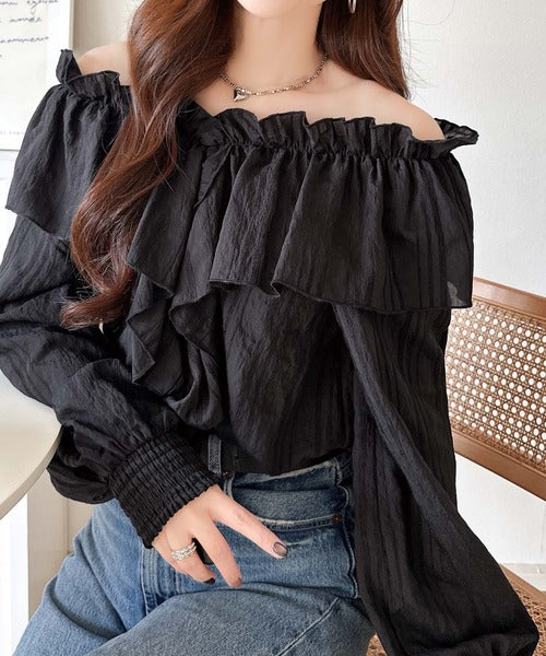 主役トップス確定！大人ガーリー前後2wayシアーストライプラッフル襟ブラウス（長袖） ce1070199