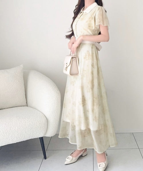 【mily bilet】夏を涼む相棒ワンピ♪水彩フラワーが上品。シアーフローラル バックリボンワンピース (長袖) (ロング) mi1139101
