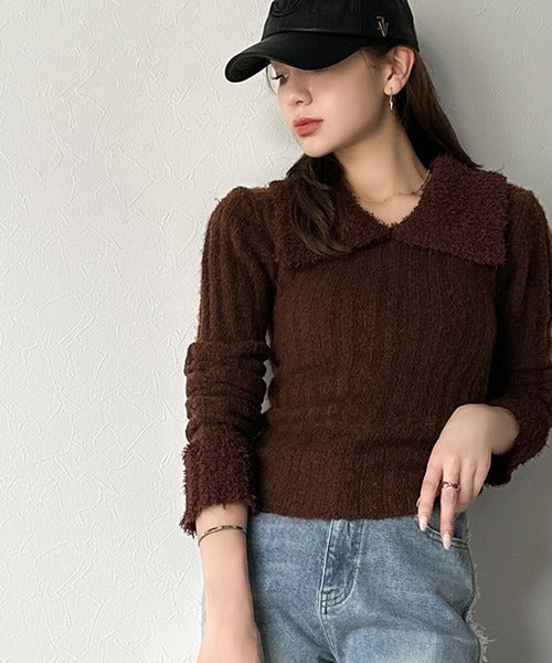 【mily bilet】可愛さ、ふわり2倍増し◎配色ファー衿リブニットプルオーバー（長袖） mi1029145