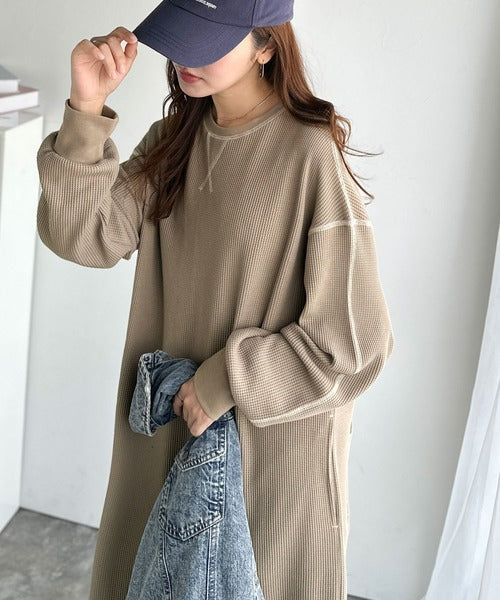 《JaVaジャバコラボ》後姿が可愛い◎配色ステッチワッフルロングワンピース（長袖） jv1260504