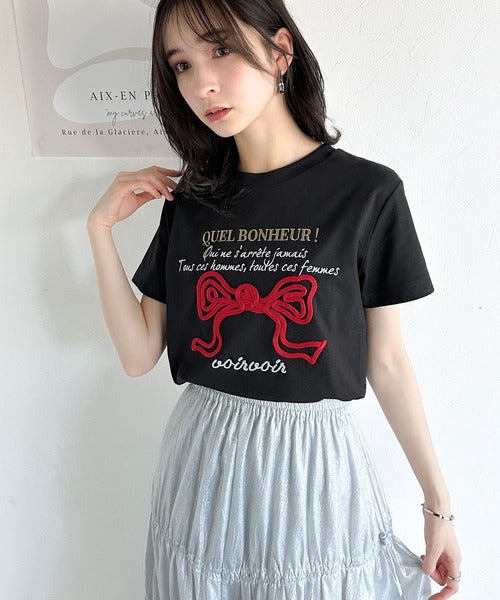 【mily bilet】華やか大人ガーリー。リボンコード刺繍プレートデザインTシャツ mi1329025