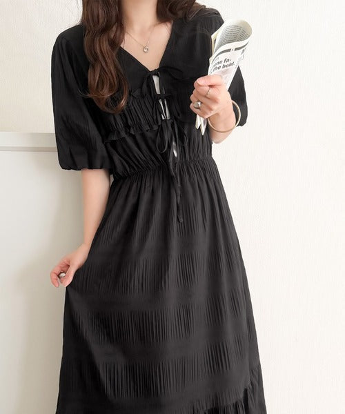 【mily bilet】1枚で華やぐ♪揺れ感シアーフリルリボンプリーツロングワンピース mi1019134