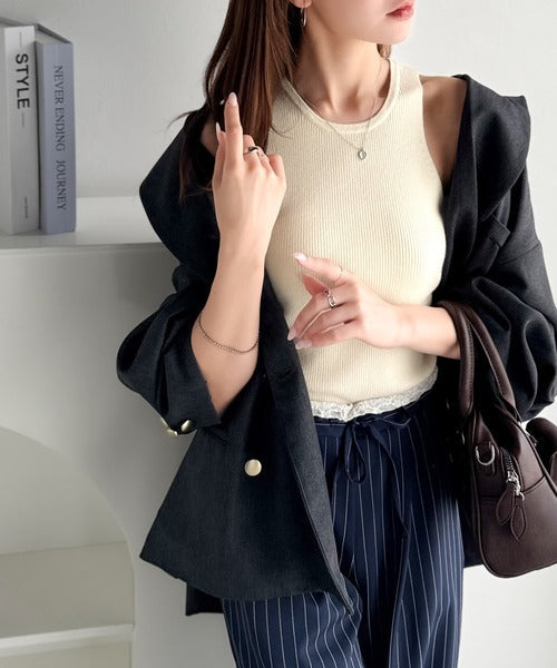 【mily bilet】洗練されたレイヤードスタイル！プレート使い異素材ニットレイヤードオフショル見せアンサンブルニット mi1029143