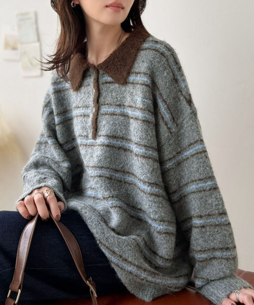 メンズライクに女子っぽさを。胸刺繍ブークレ配色ボーダーニットポロ（長袖） ce1240142
