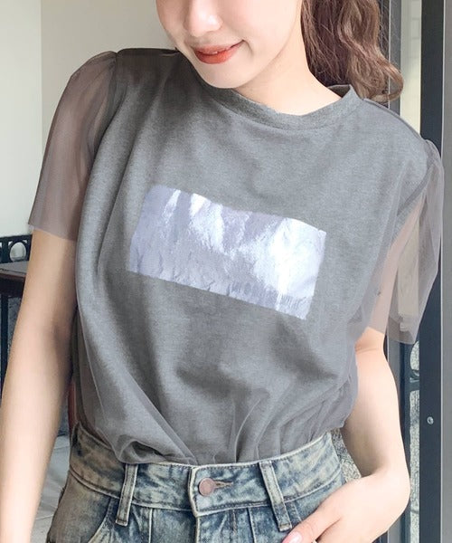 【mily bilet】1枚で上級お洒落style。チュール重ね着風シルバー箔プリントTシャツ mi1149050