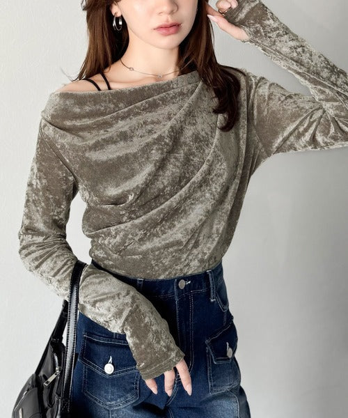 【mily bilet】一歩先のオシャレにアップデート！クラッシュベロアワンオフショルドレーププルオーバー（サムホール付き） mi1269007