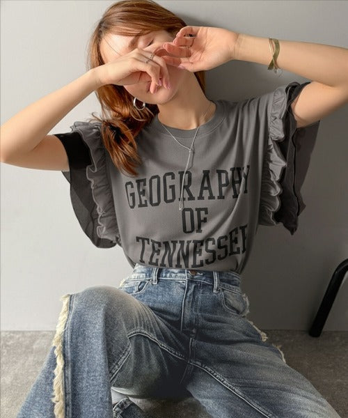 【mily bilet】可愛さふわり2倍増し！ ダブルフリル袖カレッジライクロゴゆるTシャツ mi1329036