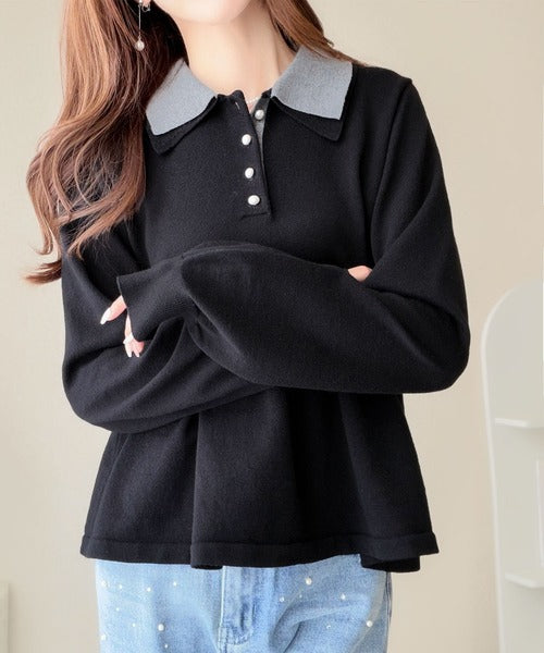 【mily bilet】衿でときめき、裾で華やぐ。パール調ボタン配色ダブルカラーペプラムニット（長袖） mi1359072