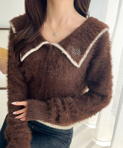 【mily bilet】セーラーカラーが可愛い。ロゴ刺繍ビッグセーラーシャギーニットカーディガン mi1029146