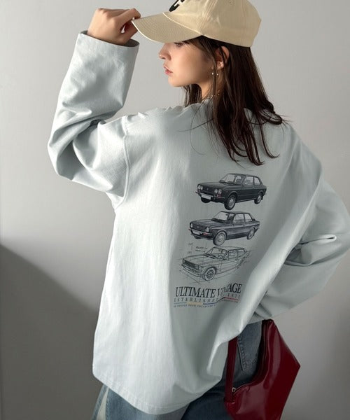《JaVaジャバコラボ》ヴィンテージ感漂う綿100%クラシックカーグラフィックTシャツ（長袖） jo1150067