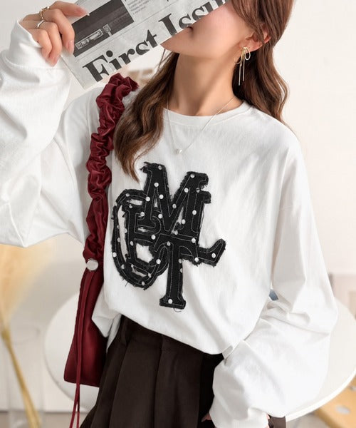 【mily bilet】"秋もこの子と一緒♪"ヴィンテージライクな存在感。ドットデニムフリンジワッペン使いロンT(長袖) mi1329133