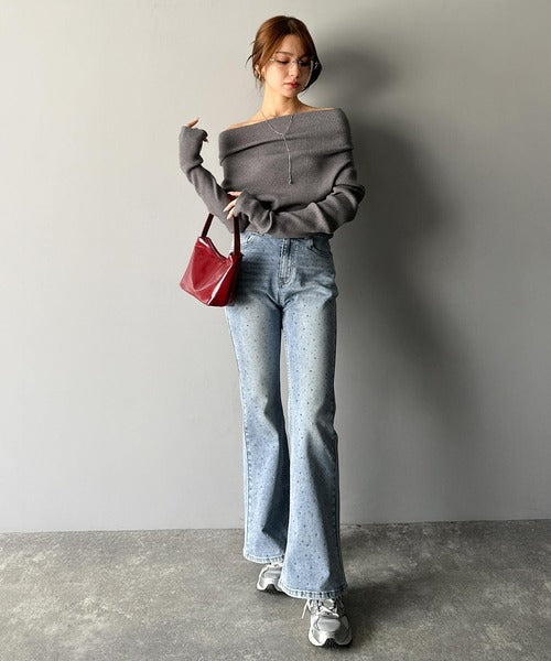 【mily bilet】立体的なシルエットが叶えるデコルテ魅せ♪指穴ドレープ使いファンオフショル２WAYリブニット mi1029137