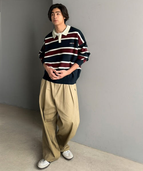 《JaVaジャバコラボ》1枚で洗練された大人の余裕を演出。配色ボーダー柄ポロ襟スウェットライクニット（長袖） jo1250006